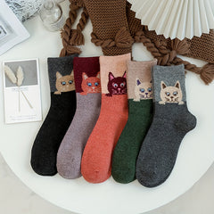 5 Pairs Cat Print Cartoon Socks Warm Mid Tube Women's Stockings