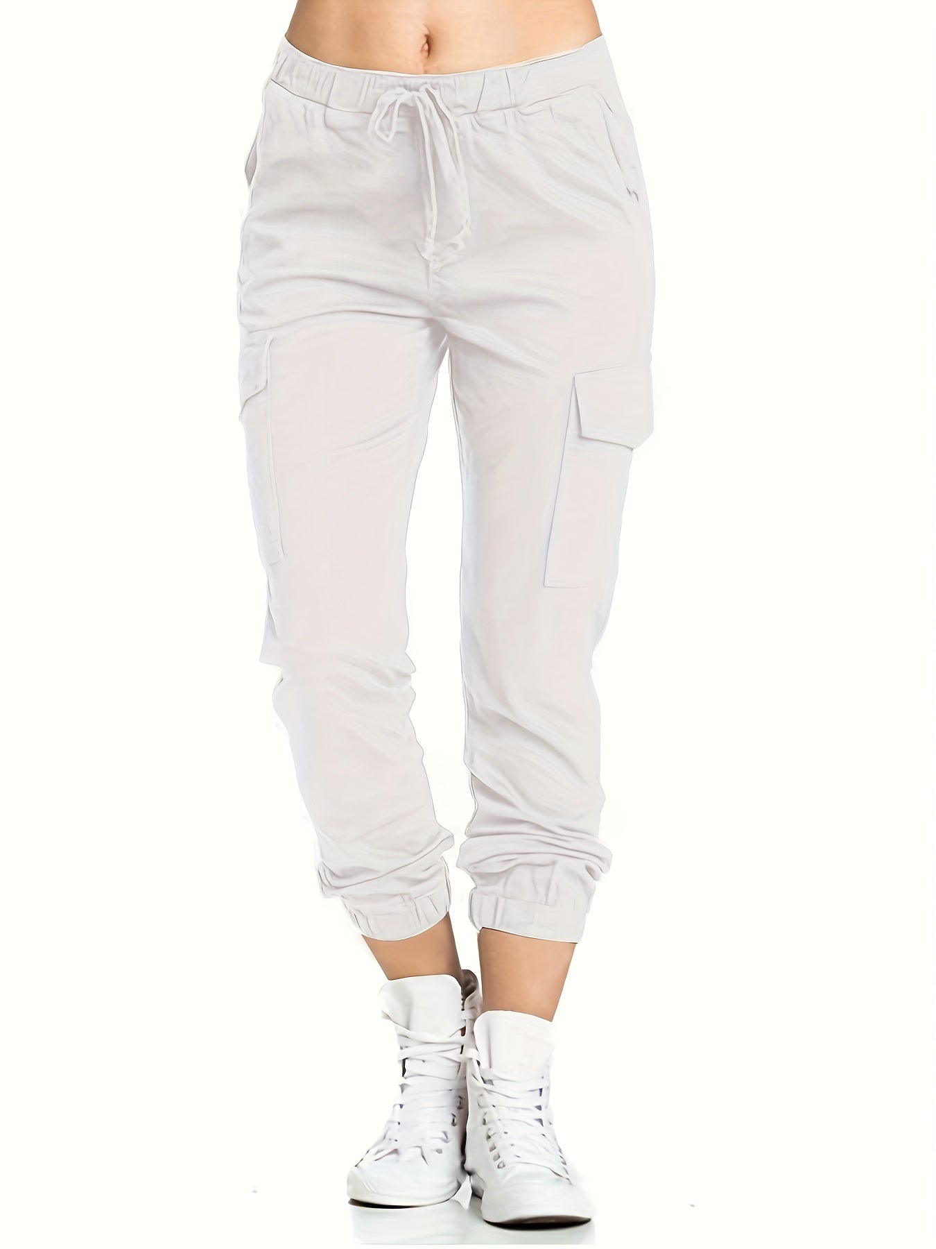 Y2K Solid Cargo Pants Elastic Waist Long Length With Pockets