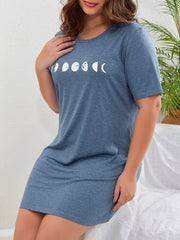 Women's Plus Moon Print Round Neck Short Sleeve Sleep Tee Dress