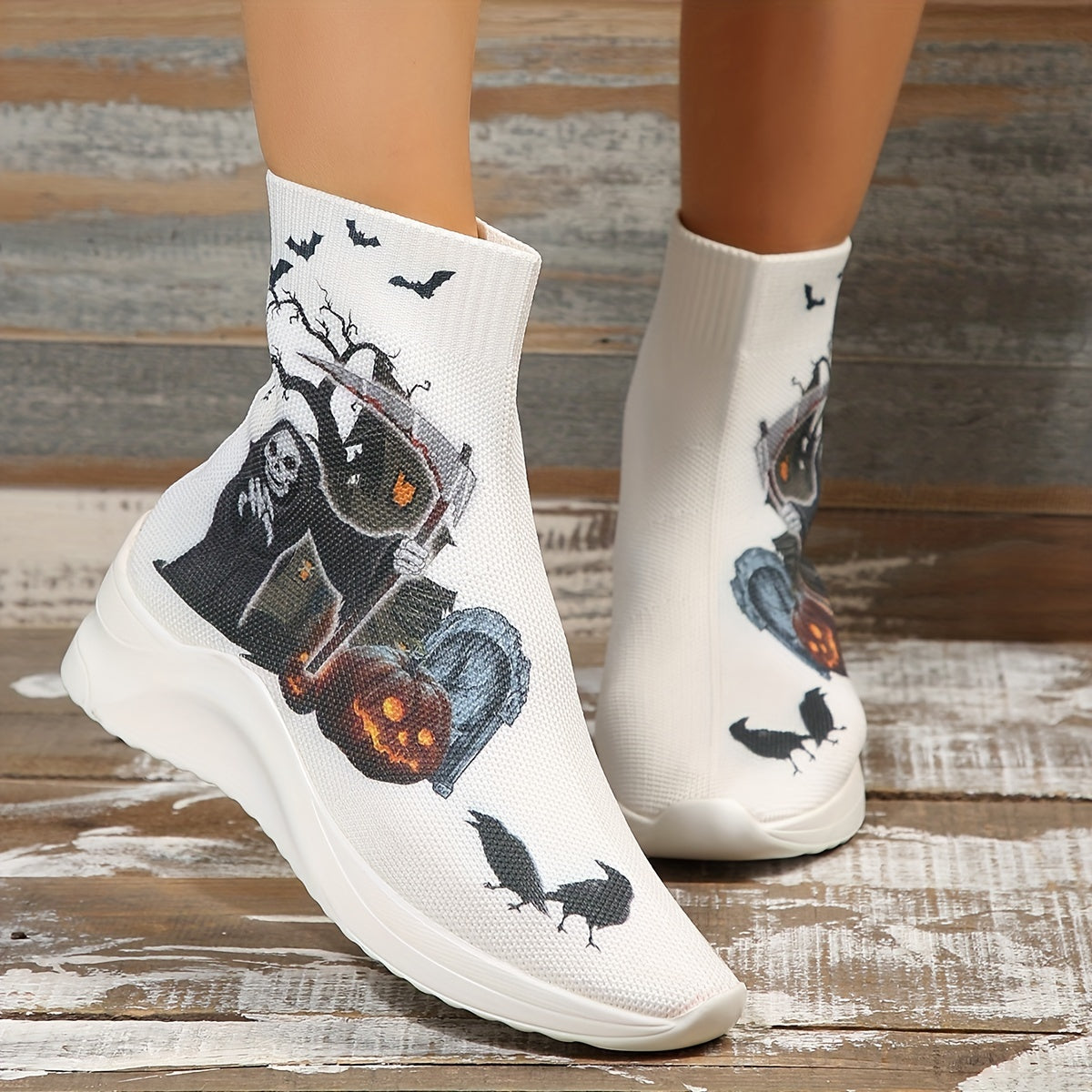 Halloween Pattern Knit Ankle Boots Comfy High Top Sock Shoes