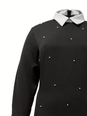 Women's Plus Colorblock Faux Pearl Long Sleeve Dress