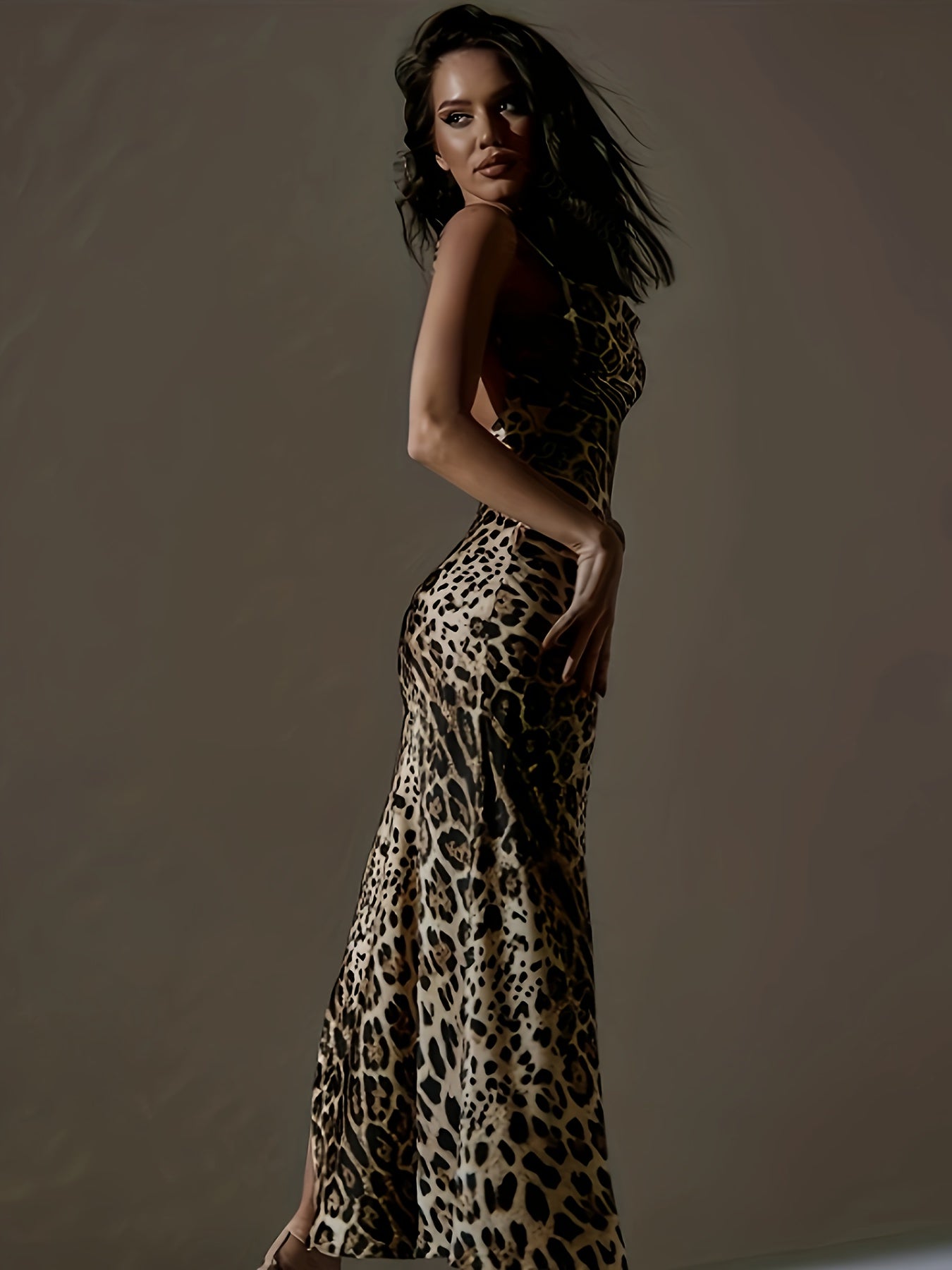 Leopard High Split Nightdress V Neck Backless Spaghetti Strap Sleep Dress