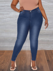 Solid Washed Button Up Skinny Jeans Women's Plus Casual
