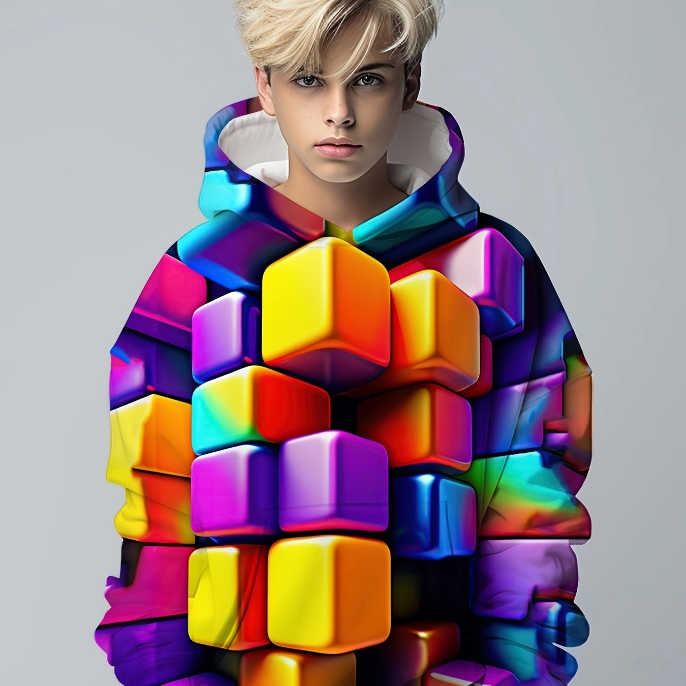 Rainbow Cube Pattern Hoodie For Kids Long Sleeve Top
