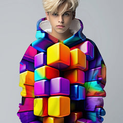 Rainbow Cube Pattern Hoodie For Kids Long Sleeve Top