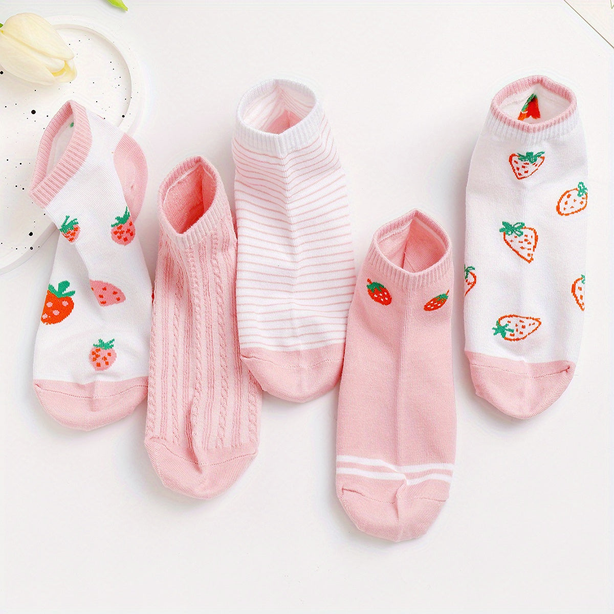 5 Pairs Strawberry Print & Striped Ankle Socks Women's Stockings