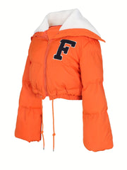 Puffy Warm Coat Zip Front Drawstring Long Sleeve Crop Jacket