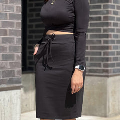 Stretchy Drawstring Pencil Skirt with Pockets - High Waist