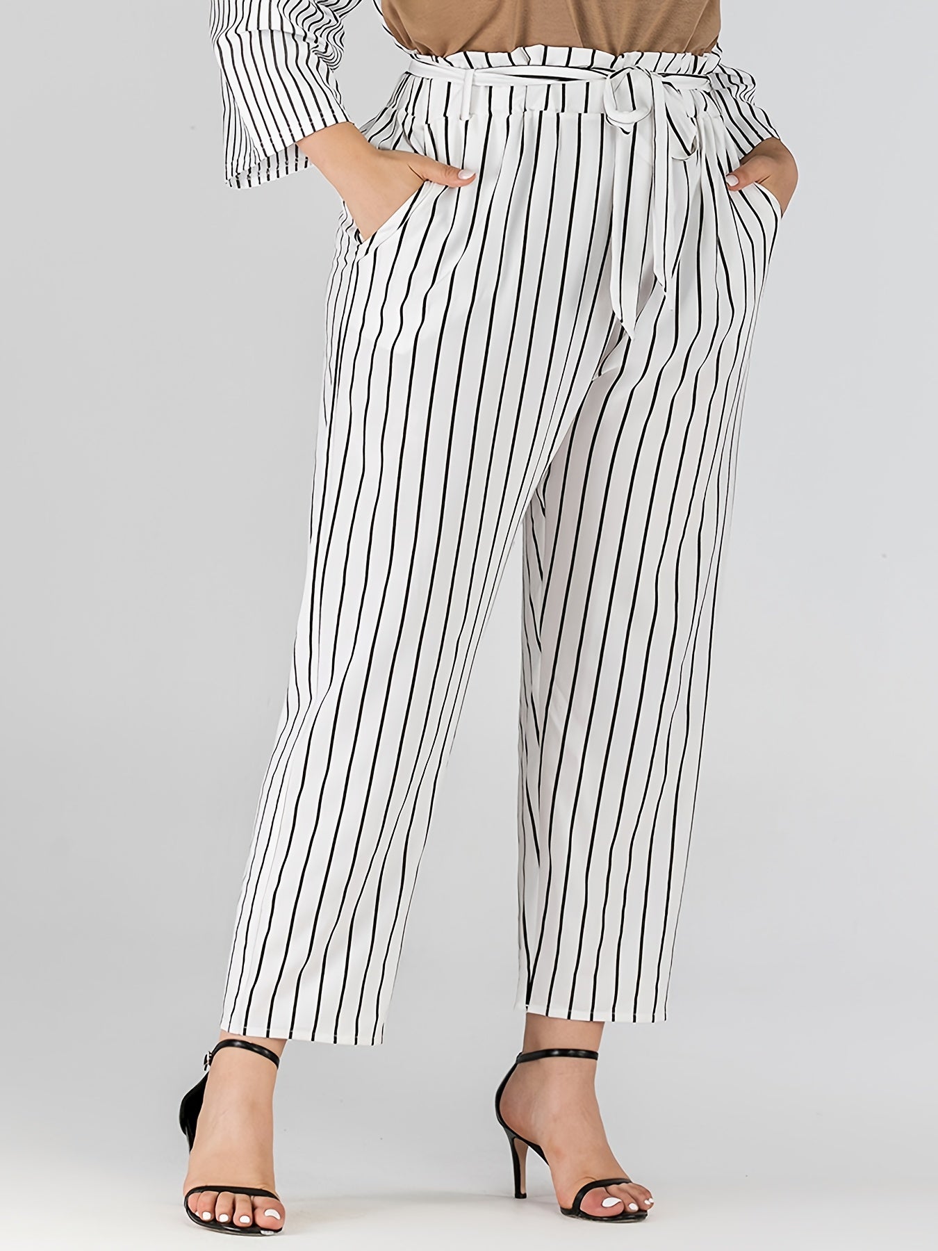 Striped Print Straight Leg Pants With Belt Women's Plus High Rise Loose Fit