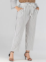 Striped Print Straight Leg Pants With Belt Women's Plus High Rise Loose Fit