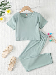 Girls 2pcs Outfits Solid Stripe Print T Shirt & Long Pants
