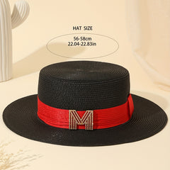 Rhinestone M Label Sun Hat Classic Straw Jazz Hats Foldable Summer Travel Beach