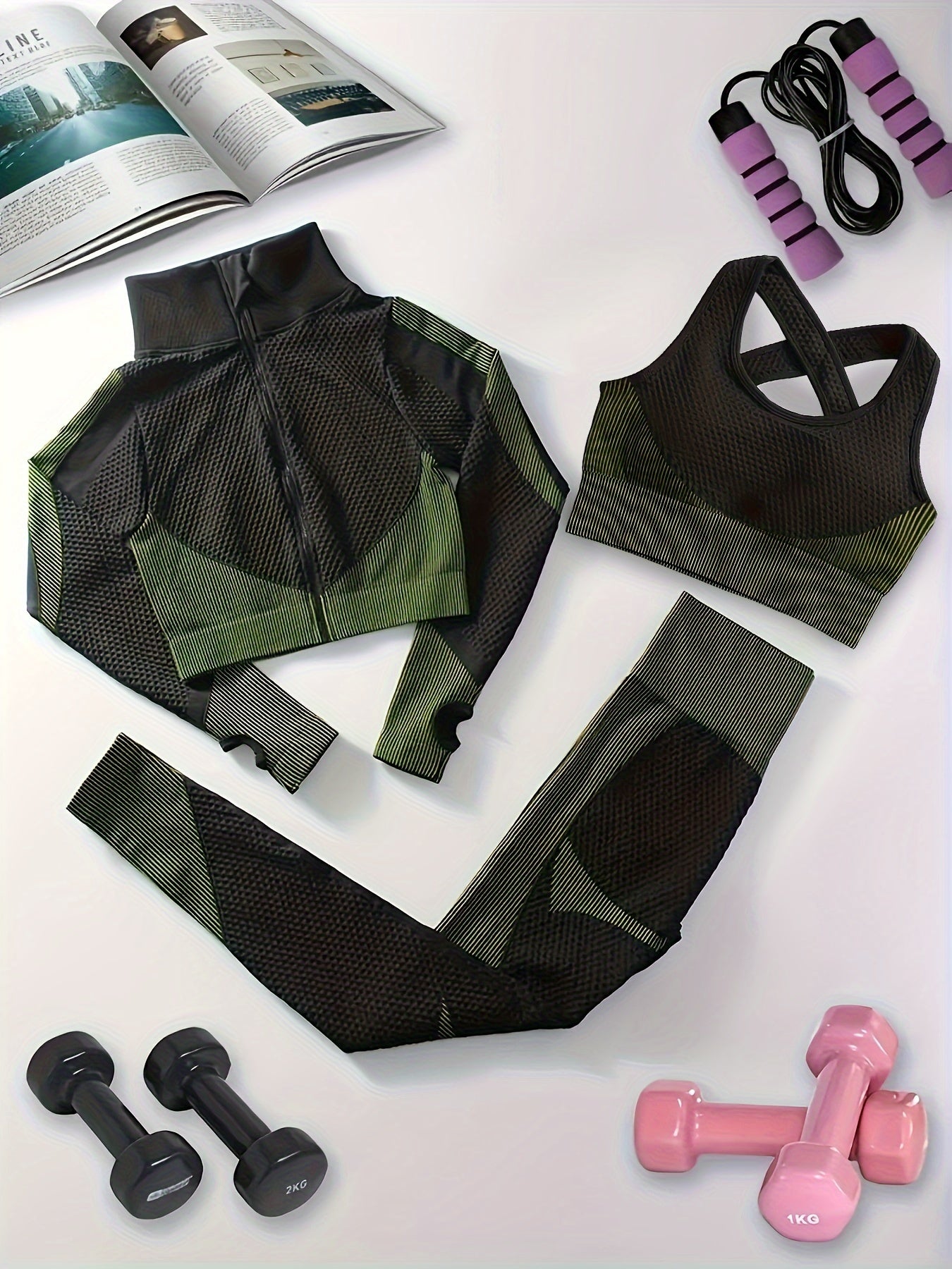 3pcs Block Yoga Workout Set Long Sleeve Jacket & Sports Bra & Leggings