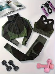 3pcs Block Yoga Workout Set Long Sleeve Jacket & Sports Bra & Leggings
