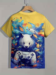 Panda & Gamepad Print Boy's T-shirt Casual Short Sleeve Top