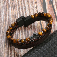 Men's Stone Stainless Steel Leather Cross Bracelet