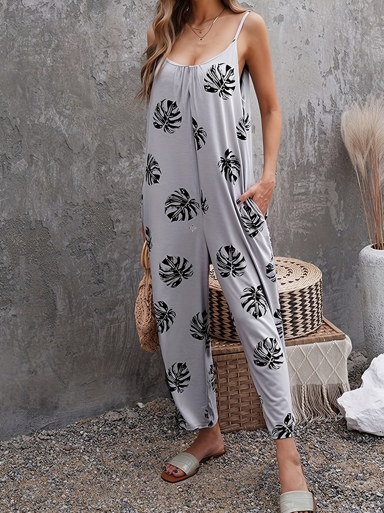 Tropical Print Cami Jumpsuit with Pockets