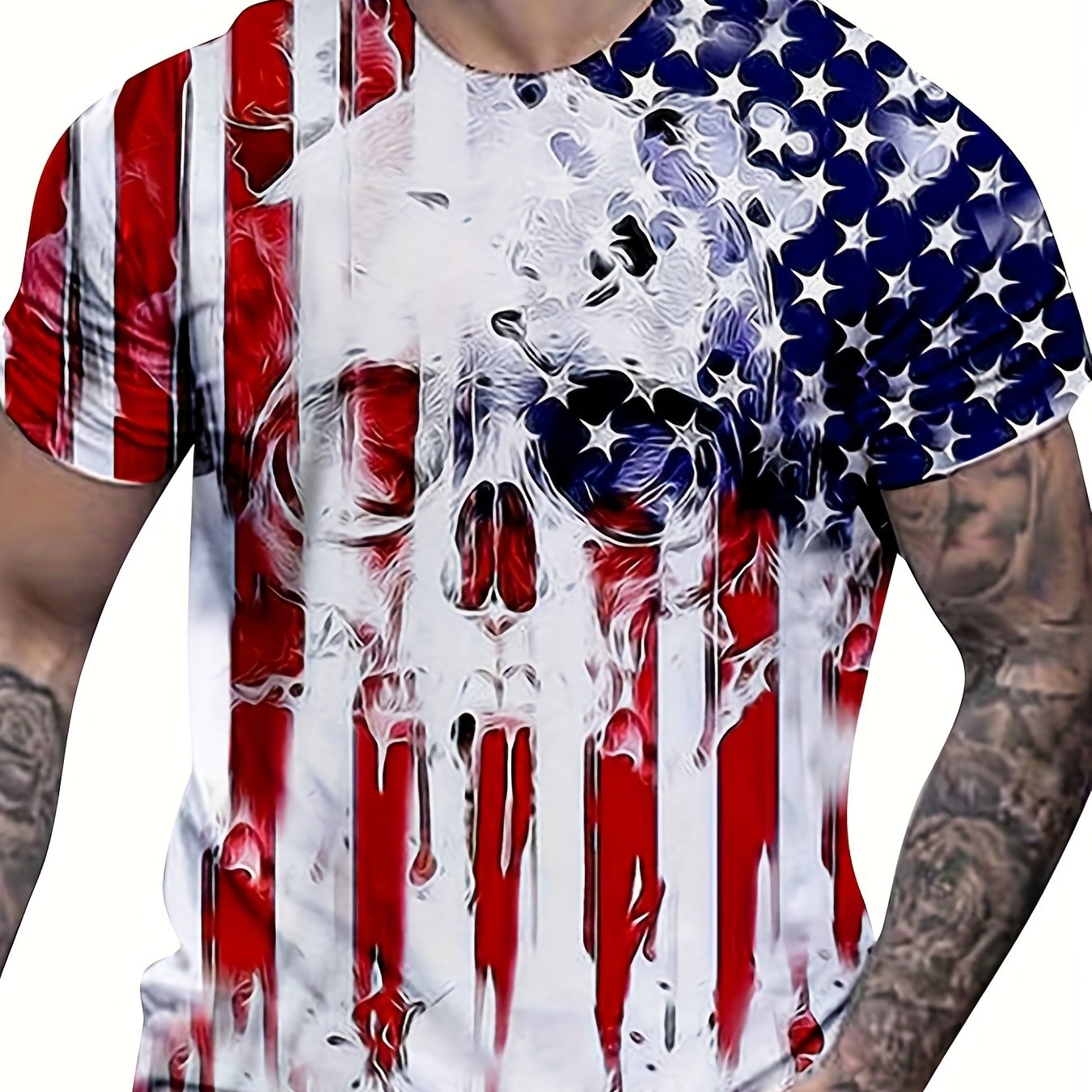 Men's American Flag & Skull Graphic T shirt 3D Print Crew Neck Tee