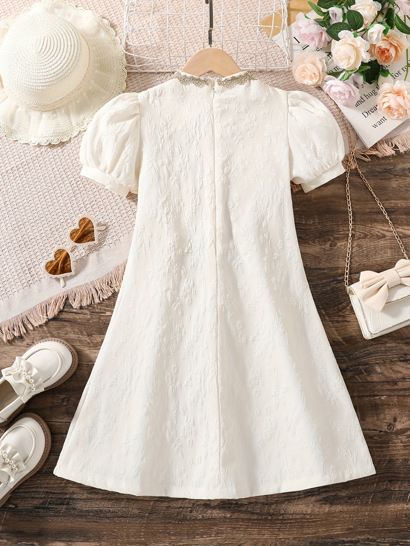 Girls' Jacquard Puff Sleeve Princess Dress Spring Summer Comfy Tunic