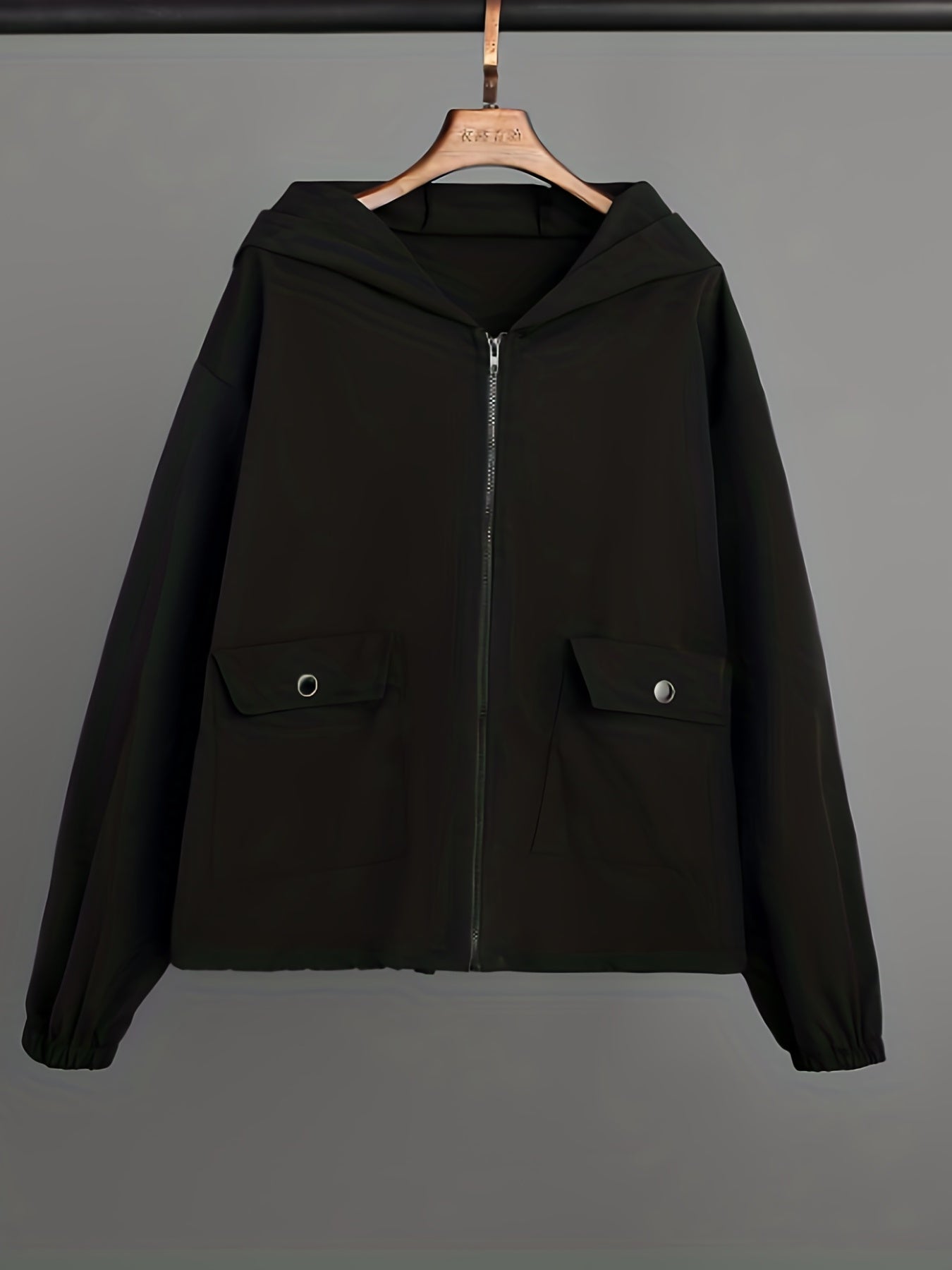 Casual Solid Zip Hooded Jacket with Flap Pockets