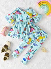 Girls Dino Print Top & Leggings Set for Autumn