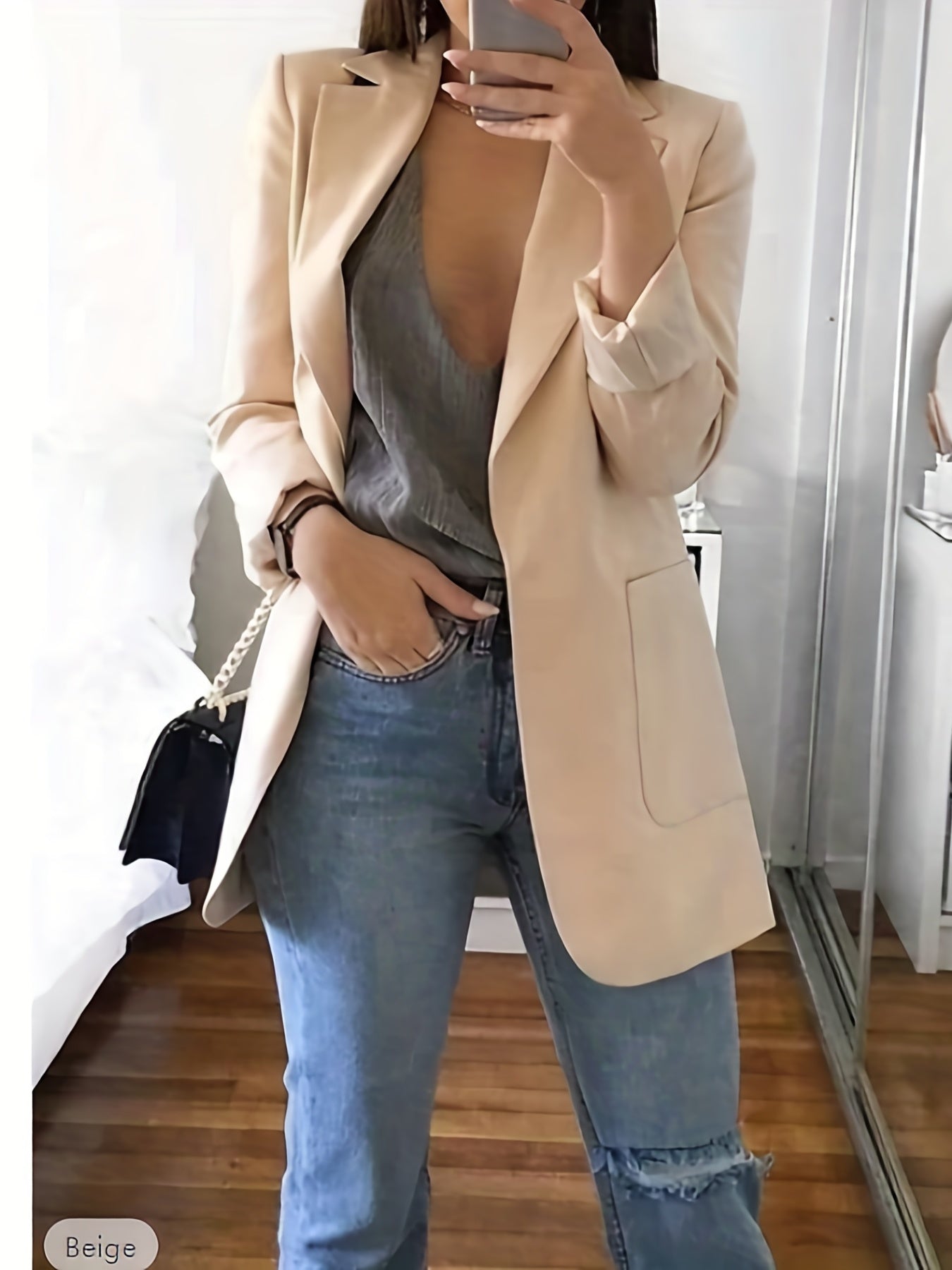 Solid Lapel Blazer Long Sleeve Office Wear