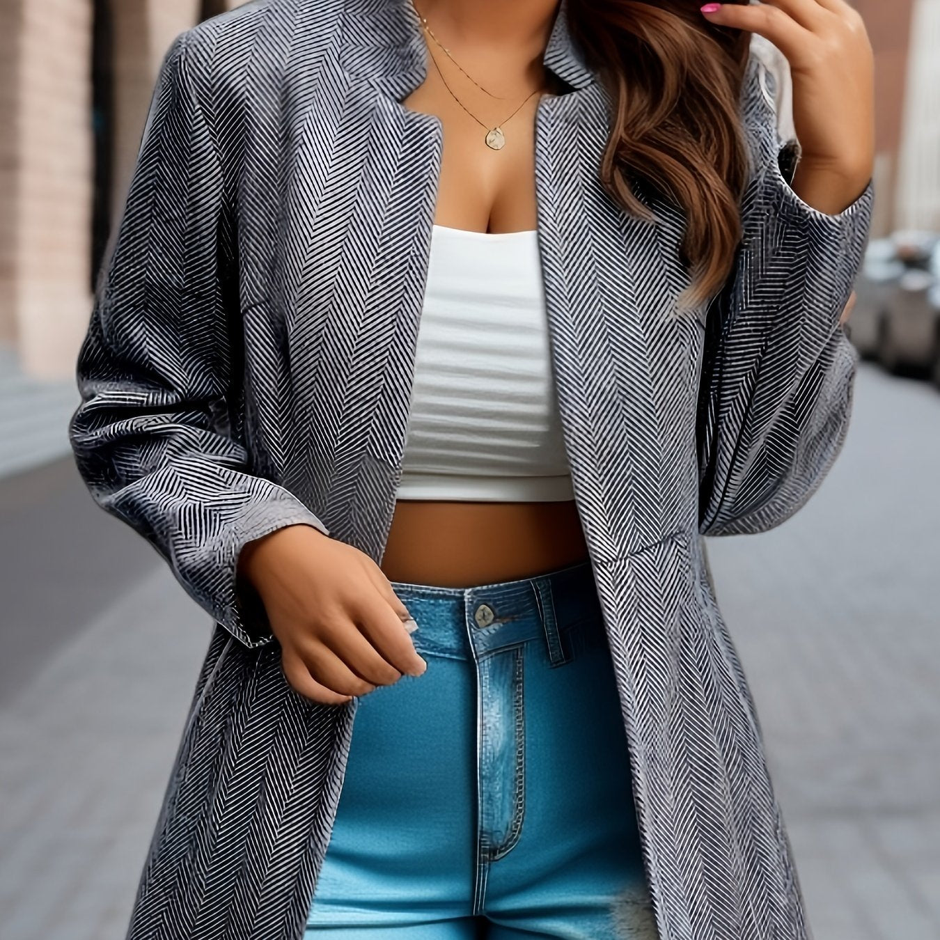 Chevron Print Woolen Long Sleeve Blazer