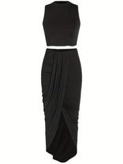 Solid Crop Tank Top & Wrap Skirt Set