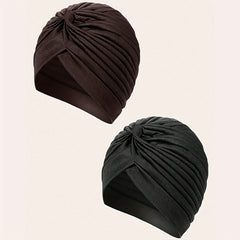 2pcs Pleated Turban Cap Elastic Solid Chemo Hats Headscarf Women
