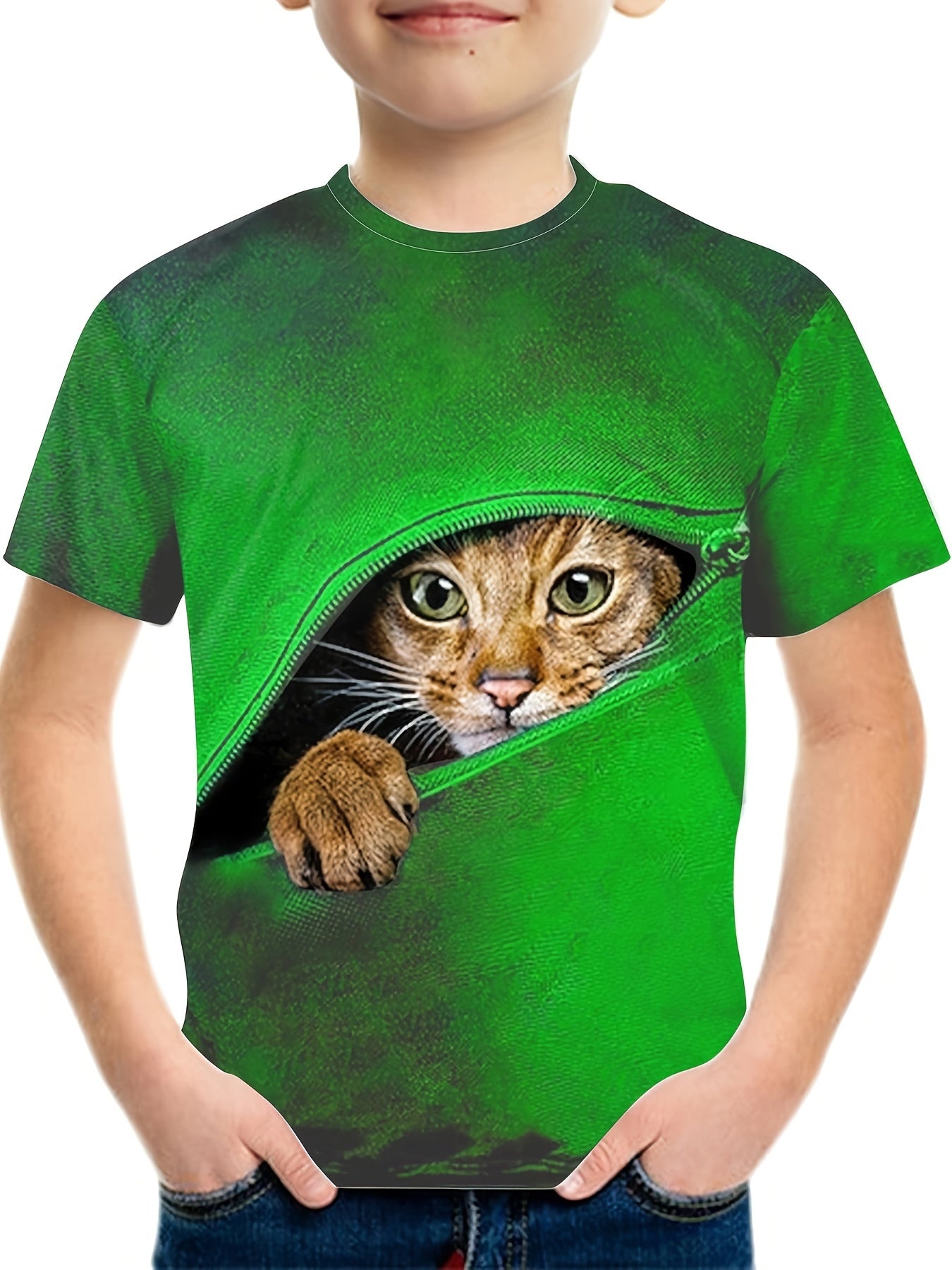 Boy's Zipper & Cat Graphic T shirt Casual Slightly Stretch Tee Kid's Clothing