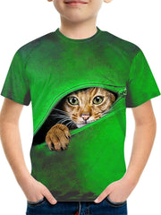 Boy's Zipper & Cat Graphic T shirt Casual Slightly Stretch Tee Kid's Clothing