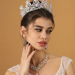 3pcs Bridal Crown Necklace Earrings Set Rhinestone Crystal Queen Crown Jewelry