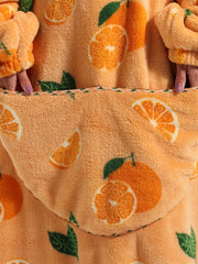 Fruit Print Fuzzy Lounge Robes Hooded Long Sleeve With Pockets