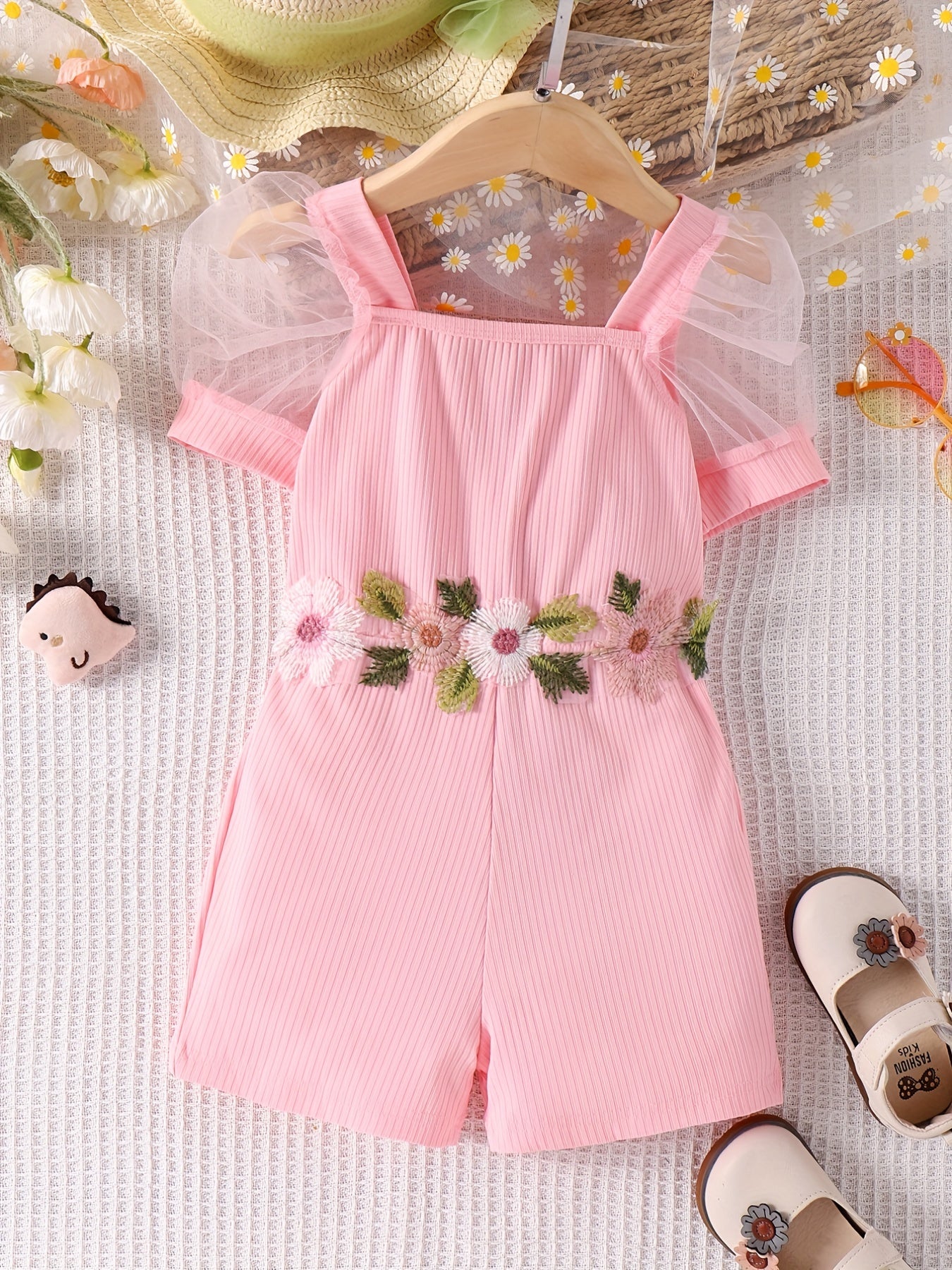 Floral Embroidered Waist Mesh Sleeves Romper Jumpsuit