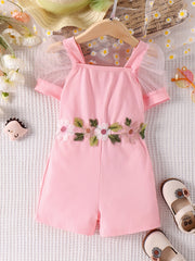 Floral Embroidered Waist Mesh Sleeves Romper Jumpsuit