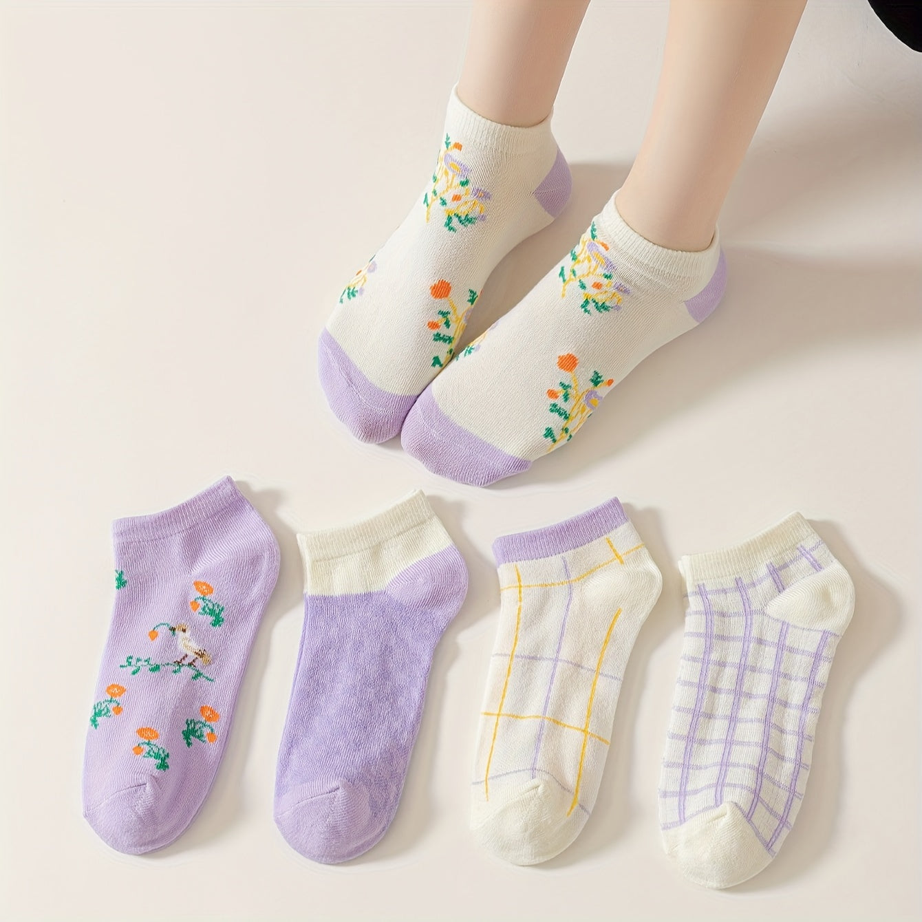 5 Pairs Floral & Plaid Print Socks & Lightweight Ankle Socks Women's Stockings