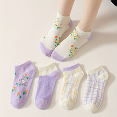 5 Pairs Floral & Plaid Print Socks & Lightweight Ankle Socks Women's Stockings