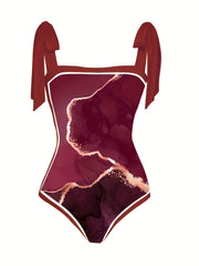 Burgundy Print Two Piece Swimsuit with Cover Up Shirt