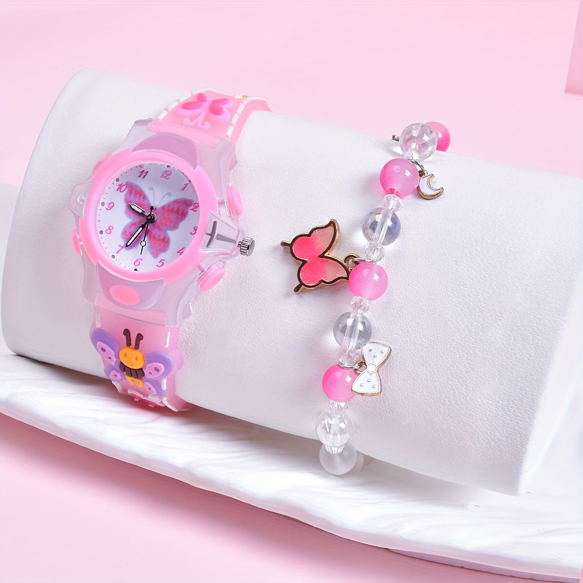 2pcs Girls' Butterfly Watch & Bracelet Set Pink Silicone Band Glow in the Dark