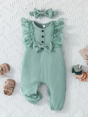 2pcs Baby Girls Mesh Ruffled Sleeves Rompers & Headband