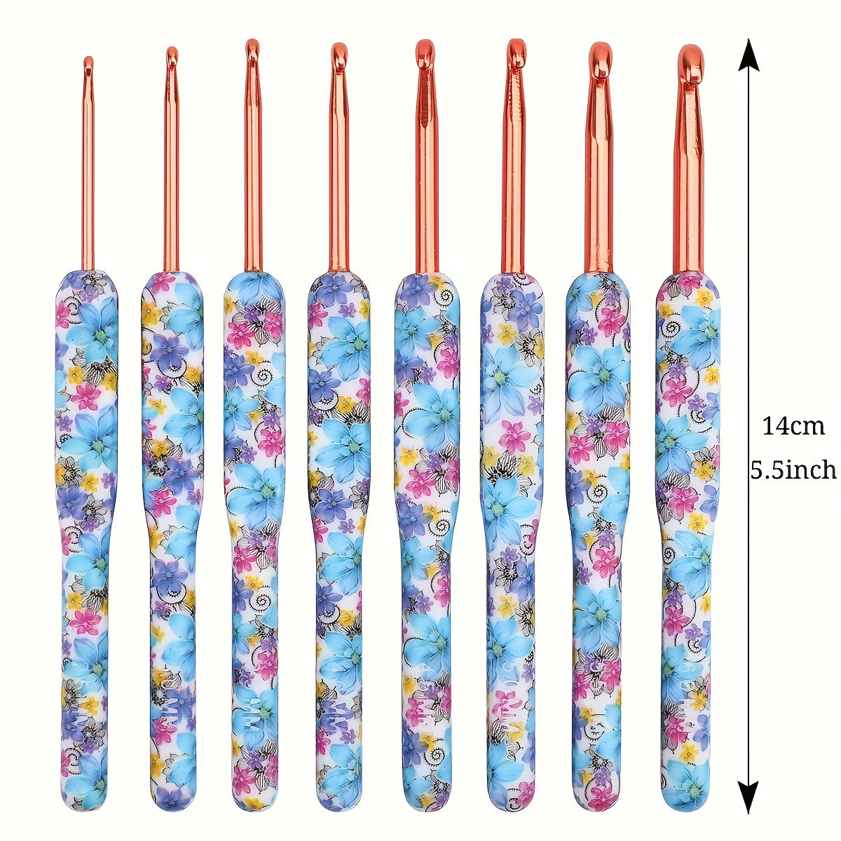8pcs Aluminum Crochet Hooks Set Bule Floral Ergonomic Handle Comfort Grip