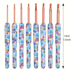 8pcs Aluminum Crochet Hooks Set Bule Floral Ergonomic Handle Comfort Grip