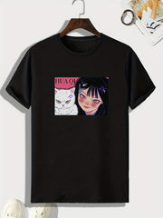 Anime Girl Cat Pattern Men's Sports T-shirt - Summer Outdoor Fitness Gift