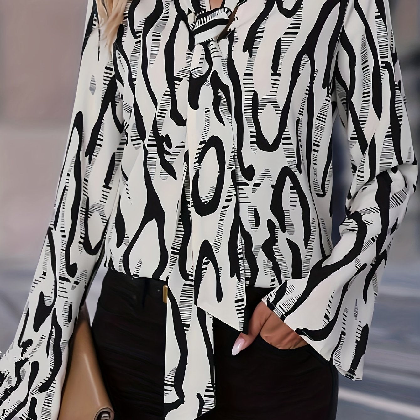 Abstract Stripe Print Long Sleeve Tie Neck Blouse