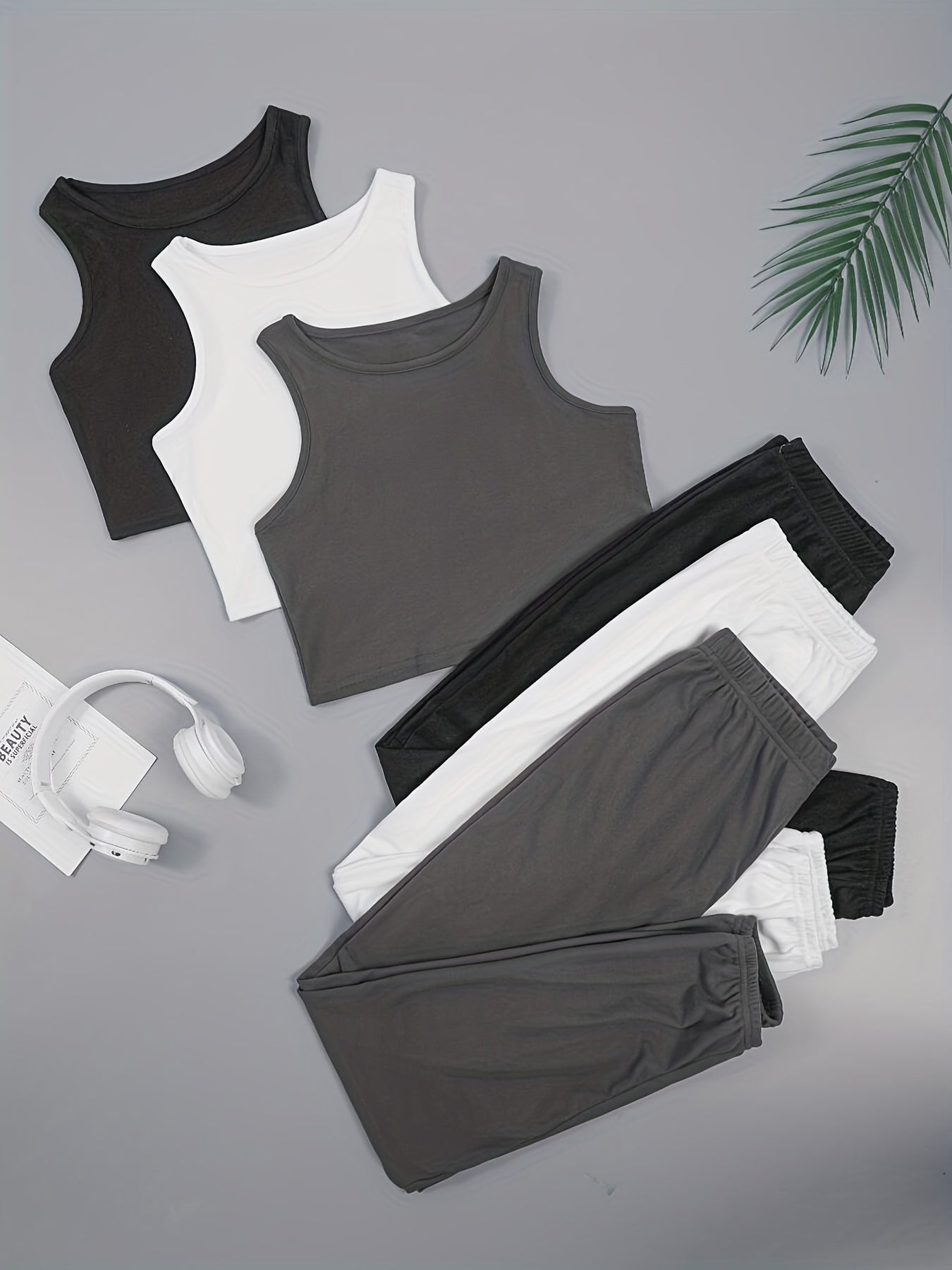 6 Pack Plus Size Lounge Set: Crop Tank Top & Joggers Sporty Home Wear