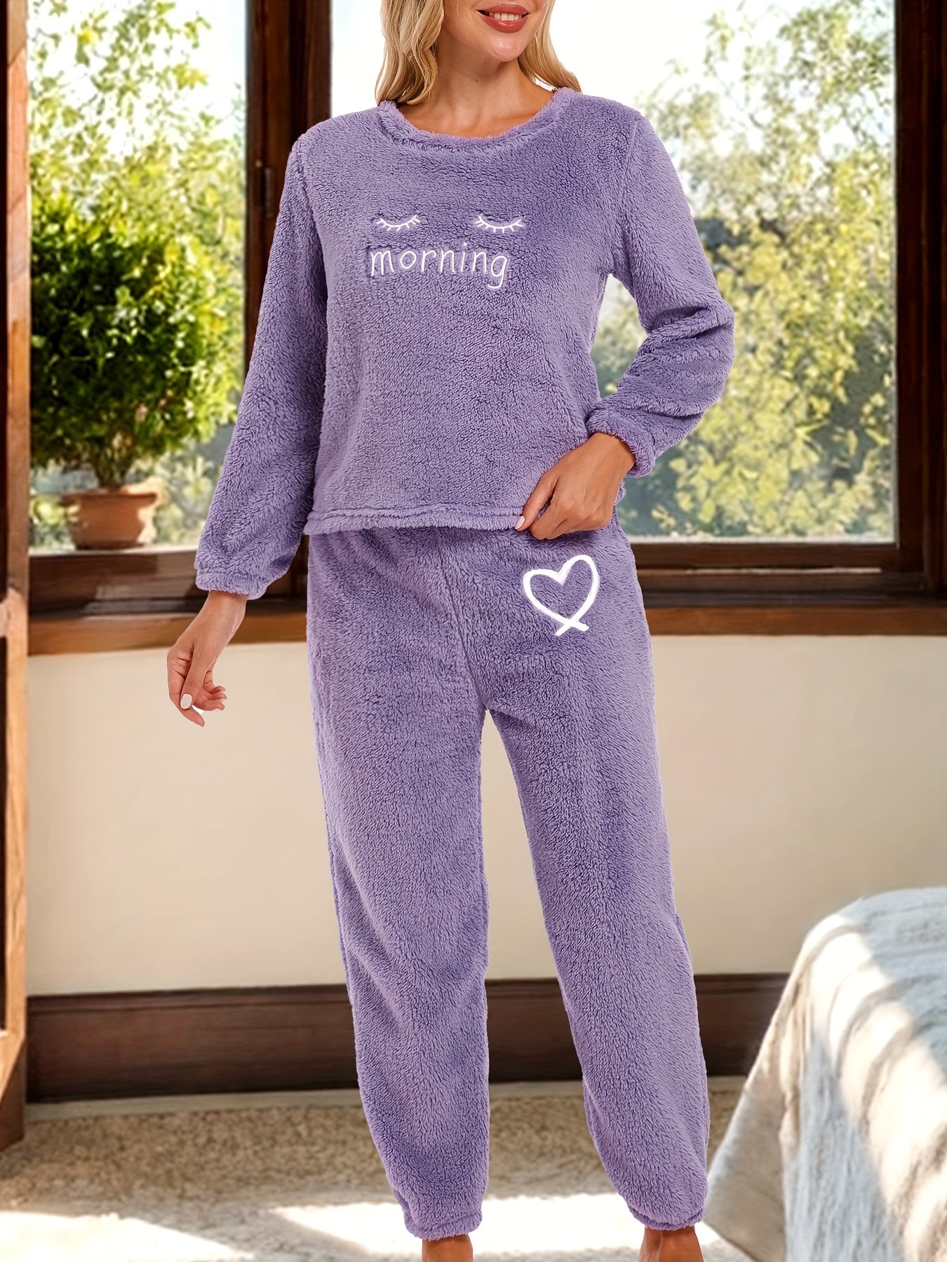 Cozy Fuzzy Pajama Set Long Sleeve Top & Elastic Waistband Pant