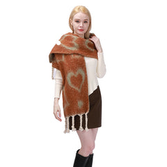 Women's Heart Pattern Scarf Winter Warm Classic Tassel Scarf