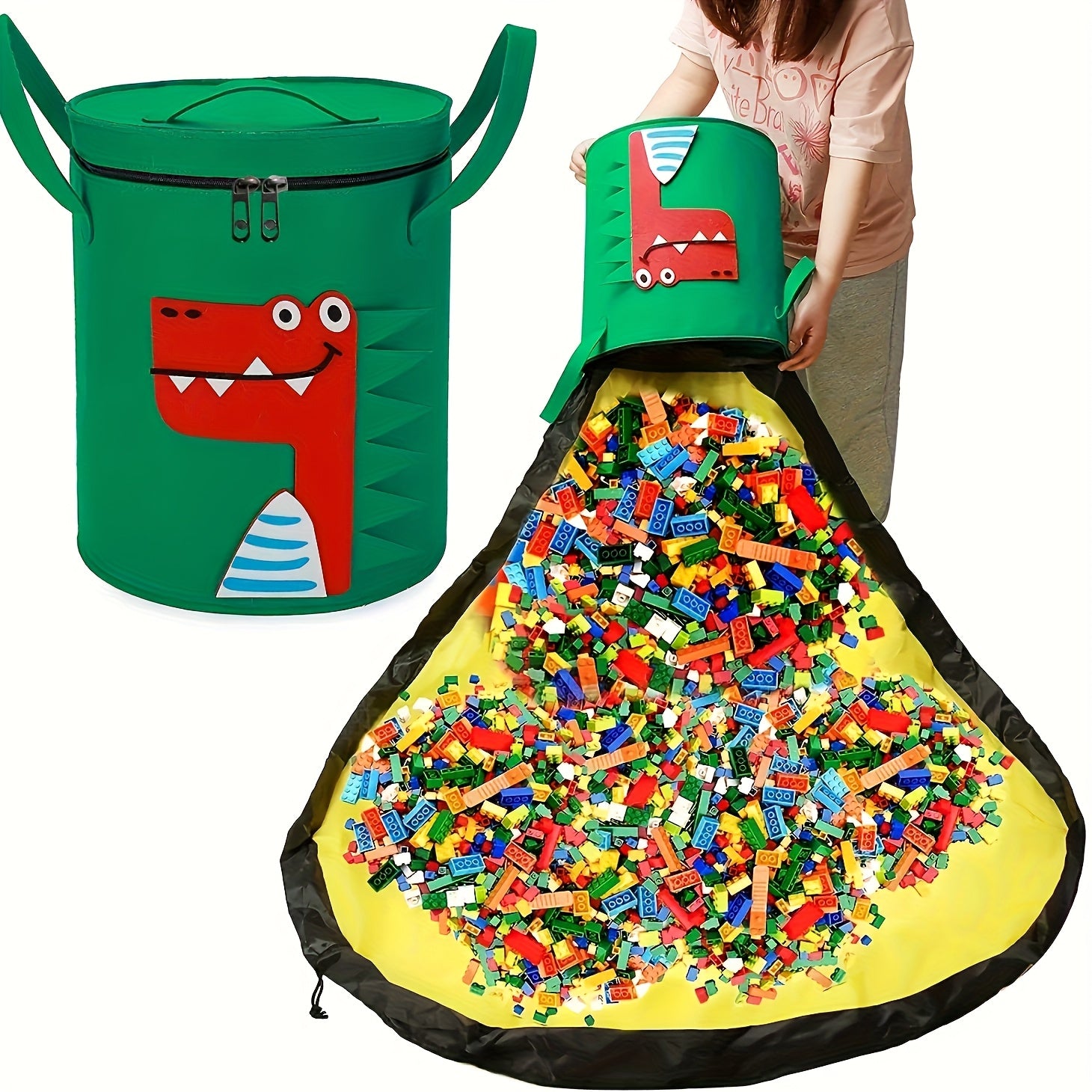Large Green Felt Storage Bag with Dinosaur Pattern Game Mat