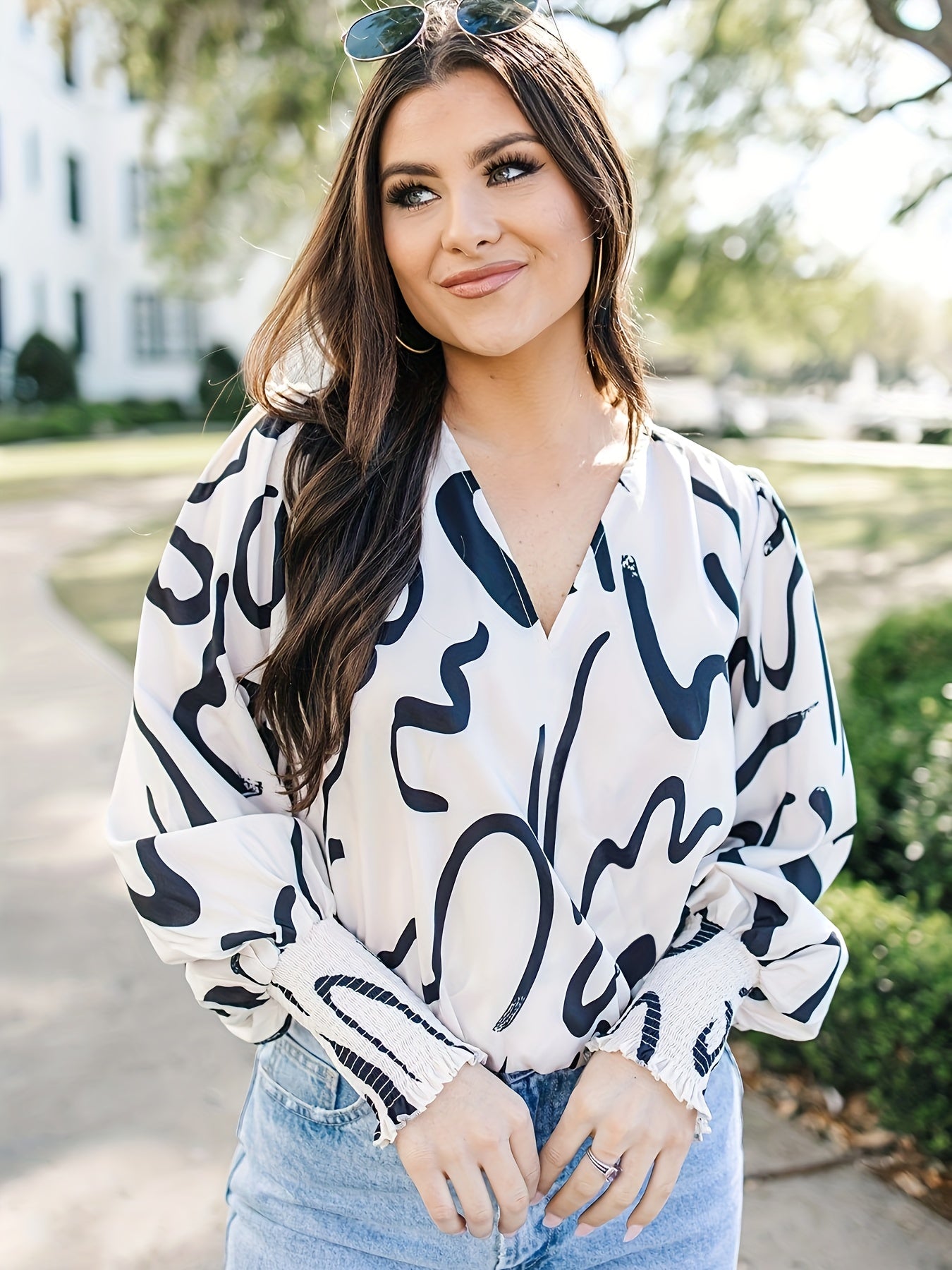 Casual Blouse Women's Plus Graffiti Print Lantern Sleeve Top