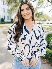 Casual Blouse Women's Plus Graffiti Print Lantern Sleeve Top